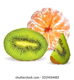 Fresh tangerines, nutritious and tasty kiwi. Symbols of fruits. Elements for label design. Vector illustration. Fruits ingredients in triangulation technique. Kiwi low poly.
