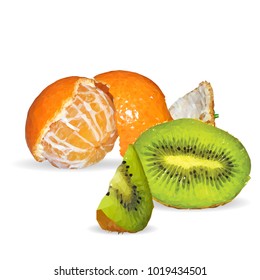Fresh tangerines, nutritious and tasty kiwi. Symbols of fruits. Elements for label design. Vector illustration. Fruits ingredients in triangulation technique. Kiwi low poly.