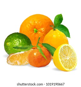 Fresh tangerines and orange, nutritious lemon and tasty lime. Symbols of fruits. Vector illustration. Fruits ingredients in triangulation technique. Fruits low poly.