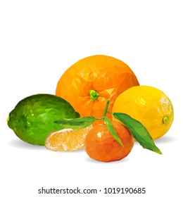 Fresh tangerines and orange, nutritious lemon and tasty lime. Symbols of fruits. Vector illustration. Fruits ingredients in triangulation technique. Fruits low poly.