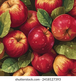 Fresh tasty apples with green leaves hand drawn gouache or watercolor style illustration