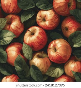 Fresh tasty apples with green leaves hand drawn gouache or watercolor style illustration