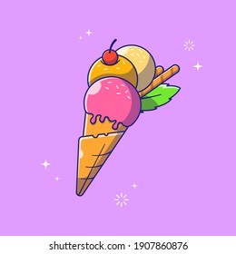 Fresh Tasty Balls of Ice Cream Scoop in a Waffle Cone with Waffle Rolls and Mint Leaf Suitable for Banner, Flyer, and Poster. Food and Drinks Icon Concept. Flat Cartoon Vector Illustration Isolated.