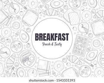 Fresh and Tasty Breakfast Banner Template, Morning Food Menu Vintage Hand Drawn Vector Illustration