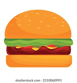 Fresh tasty burger with beef patty, salad, cheese and tomato between buns, showing an appetizing meal