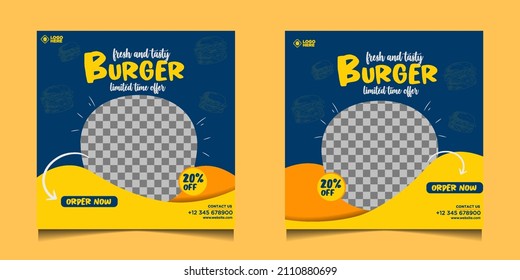 fresh and tasty burger Restaurant Social Media Post Design Template. Suitable for social media posts and web internet ads.