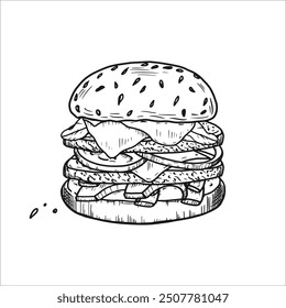 Fresh tasty burger. Vetor hand drawn illustration