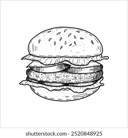 Fresh tasty burger. Vetor hand drawn illustration