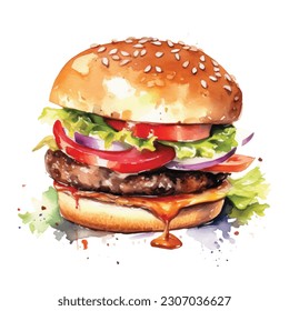 Frisch schmackhafter Burger. Wasserfarbige, handgezeichnete Illustration einzeln auf weißem Hintergrund