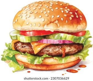 Fresh tasty burger. Watercolor hand drawn illustration, isolated on white background