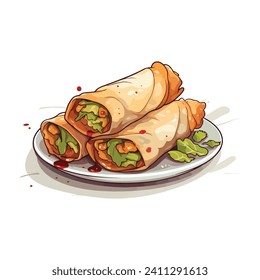 Burrito fresco y sabroso con verduras en una ilustración de dibujos animados tipo doodle vectorial