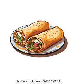 Burrito fresco y sabroso con verduras en una ilustración de dibujos animados tipo doodle vectorial