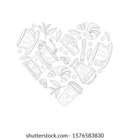 Fresh and Tasty Coffee Shop Symbols Arranged In Heart Shape