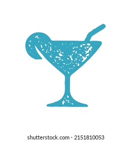 Fresh tasty cool summer cocktail in elegant goblet with straw and lemon fruit slice blue grunge texture vector illustration. Refreshing cold drink beverage minimalist logotype party bar menu isolated