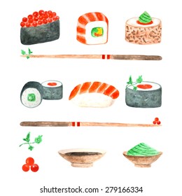 Fresh, tasty different sushi collection with chopsticks and other elements made in watercolor technique