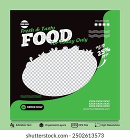 fresh and tasty food for today only green and black food social media template