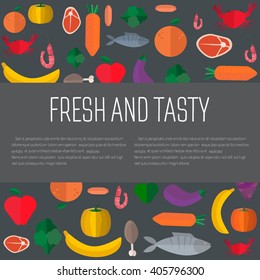 Fresh and tasty food. Vector background with a meal in a flat style. Proper nutrition, diet food. Taking care of your health . Background with place for your text
