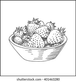 Fresh tasty fruit in dish hand drawn sketch, isolated on white background. 
Vegetarian strawberry vector illustration