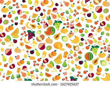 Fresh tasty fruits texture. Delicious apple and banana, carrot and pepper. Healthy food. Advert and logo concept. Isolated vector illustration in cartoon style