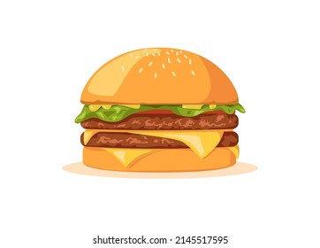 Fresh and tasty hamburger or cheeseburger in cartoon style. Vector home sandwiche, street food with deliciou topping isolated on a white background.