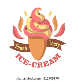 Fresh tasty ice cream logo isolated on white. Refreshing delicious summer sweet. Lemon strawberry ice cream. Confectionery illustration in flat design. Restaurant menu vector. Nutrition milk product