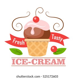 Fresh tasty ice-cream. Ball of ice cream in cone with one cherry. Crispy brown round waffle cup. Chocolate ice with pink flowering topping. Tasty confectionery. Cartoon design. Vector illustration