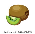 Fresh and tasty kiwi in cartoon style. Vector illustration of vitamin, nutritious kiwi fruit: whole, piece isolated on white background. A healthy snack.