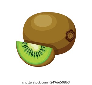 Fresh and tasty kiwi in cartoon style. Vector illustration of vitamin, nutritious kiwi fruit: whole, piece isolated on white background. A healthy snack.