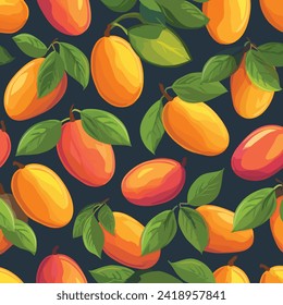 Fresh tasty mango fruit with leaves hand drawn flat style cartoon illustration, seamless pattern