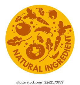 Fresh and tasty natural ingredients for preparing food and meals. Carrot and tomatoes, herbs and condiments, chili pepper. Label or emblem, logotype for package, vector in flat style illustration