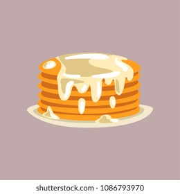 Fresh tasty pancakes with cream on a plate, traditional breakfast food vector Illustration