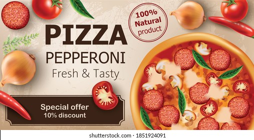 Fresh and tasty pepperoni pizza with tomatoes, chilli peppers, onions, basil and salami surrounding. Special offer 10% discount. Realistic 3D mockup product placement. Vector