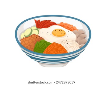 Fresh tasty poke bowl with salmon avocado rice and egg Hawaiian food vector illustration isolated on white background