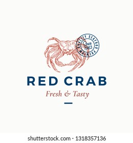 Fresh and Tasty Red Crab Abstract Vector Sign, Symbol or Logo Template. Hand Drawn Crab Sillhouette with Retro Typography. Vintage Emblem with Stamp. Isolated.