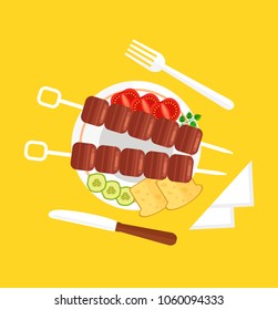 Fresh tasty red meat slice with tomato, pepper, cucumber on plate with fork and knife. Dinner lunch top view concept. Vector flat cartoon illustration