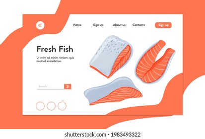 Fresh tasty salmon fillets, sea fishes vector hand drawn landing page design with space for text. Colorful fish, sea products, restaurant or marine cafe website design.