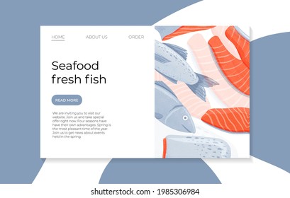 Fresh tasty salmon fillets, sea fishes vector hand drawn landing page design with space for text. Colorful fish, sea products, restaurant or marine cafe website design.