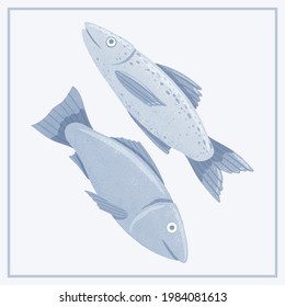 Fresh tasty salmons, sea fishes vector hand drawn illustration isolated on light blue background. Colorful fish, sea products for restaurant or marine cafe menu design.