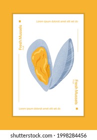 Fresh tasty seafood clam, shellfish in seashell vector hand drawn poster design with text space. Colorful mussel, sea product for restaurant or marine cafe banner concept.
