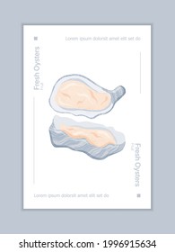 Fresh tasty seafood clams, oysters in seashells vector hand drawn poster concept with space for text. Colorful oysters, sea products for restaurant or marine cafe banner design.