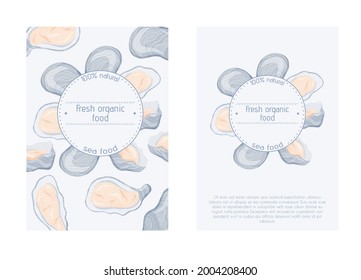 Fresh tasty seafood clams, oysters in seashells vector hand drawn poster concept with space for text. Colorful oysters, sea products for restaurant or marine cafe banner design.