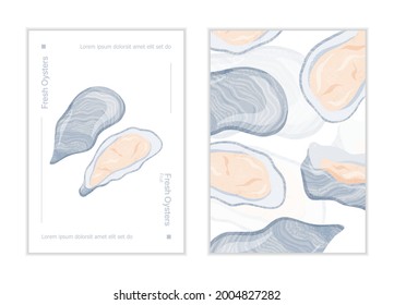 Fresh tasty seafood clams, oysters in seashells vector hand drawn poster concept with space for text. Colorful oysters, sea products for restaurant or marine cafe banner design.