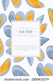 Fresh tasty seafood clams, shellfish in seashells vector hand drawn poster design with text space. Colorful mussels, sea products for restaurant or marine cafe banner concept.