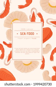 Fresh tasty seafood scallop, tuna steak and shrimp vector hand drawn banner concept with space for text. Colorful sea products for restaurant or marine cafe menu design.