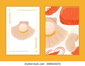 Fresh tasty seafood scallop, tuna steak and shrimp vector hand drawn banner concept with space for text. Colorful sea products for restaurant or marine cafe menu design.