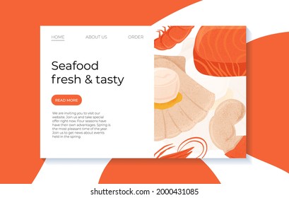 Fresh tasty seafood scallop, tuna steak and shrimp vector hand drawn landing page concept with space for text. Colorful sea products for restaurant or marine cafe menu design.