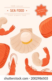 Fresh tasty seafood scallop, tuna steak and shrimp vector hand drawn banner concept with space for text. Colorful sea products for restaurant or marine cafe menu design.