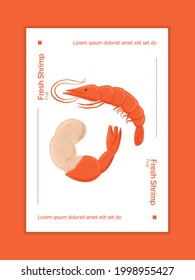 Fresh tasty seafood, shrimp vector hand drawn poster design with space for text. Set of colorful sea products for restaurant or marine cafe banner design.