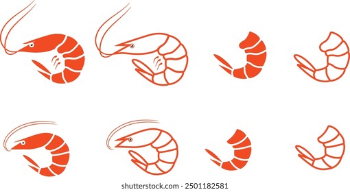 Fresh tasty shrimps. Vector hand drawn flat isolated illustration. Sea food logo, sign, symbol.