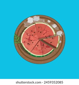 Fresh tasty sliced watermelon on rectangular wooden cutting board with ice cube. vector illustration